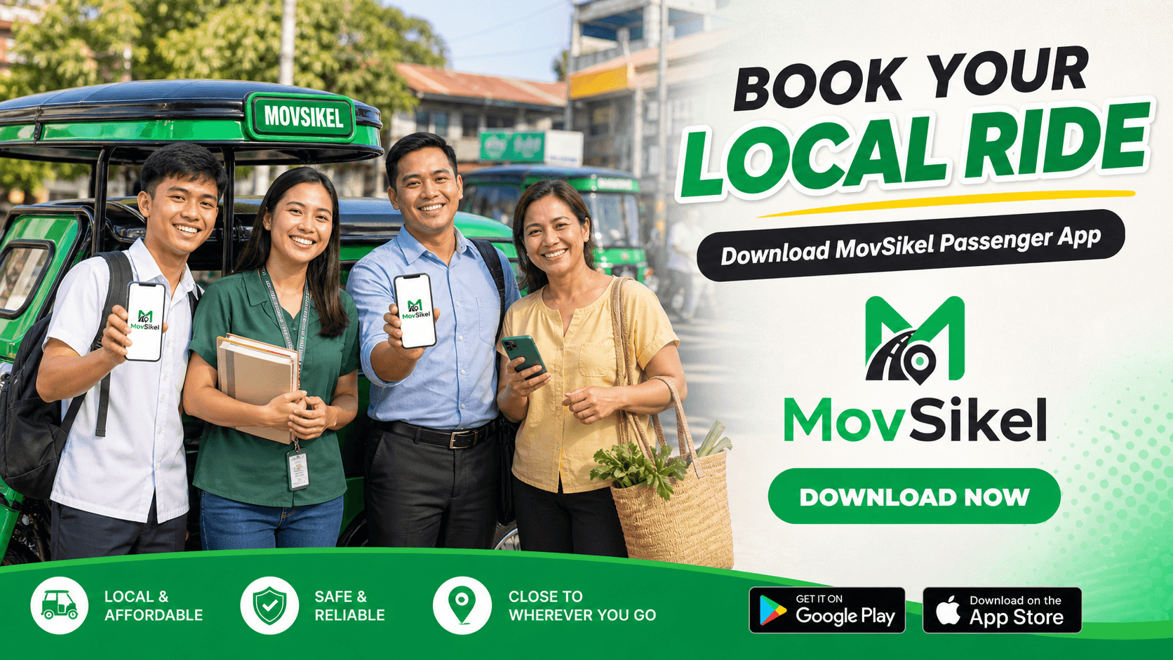 MovSikel passenger app promo for students, teachers, professionals, and local commuters